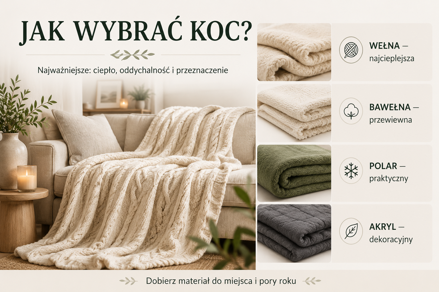 Złożone koce w różnych materiałach na kanapie