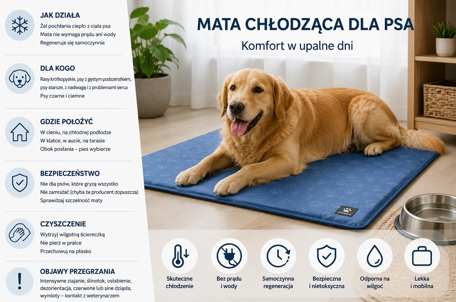 Pies leżący na niebieskiej macie chłodzącej