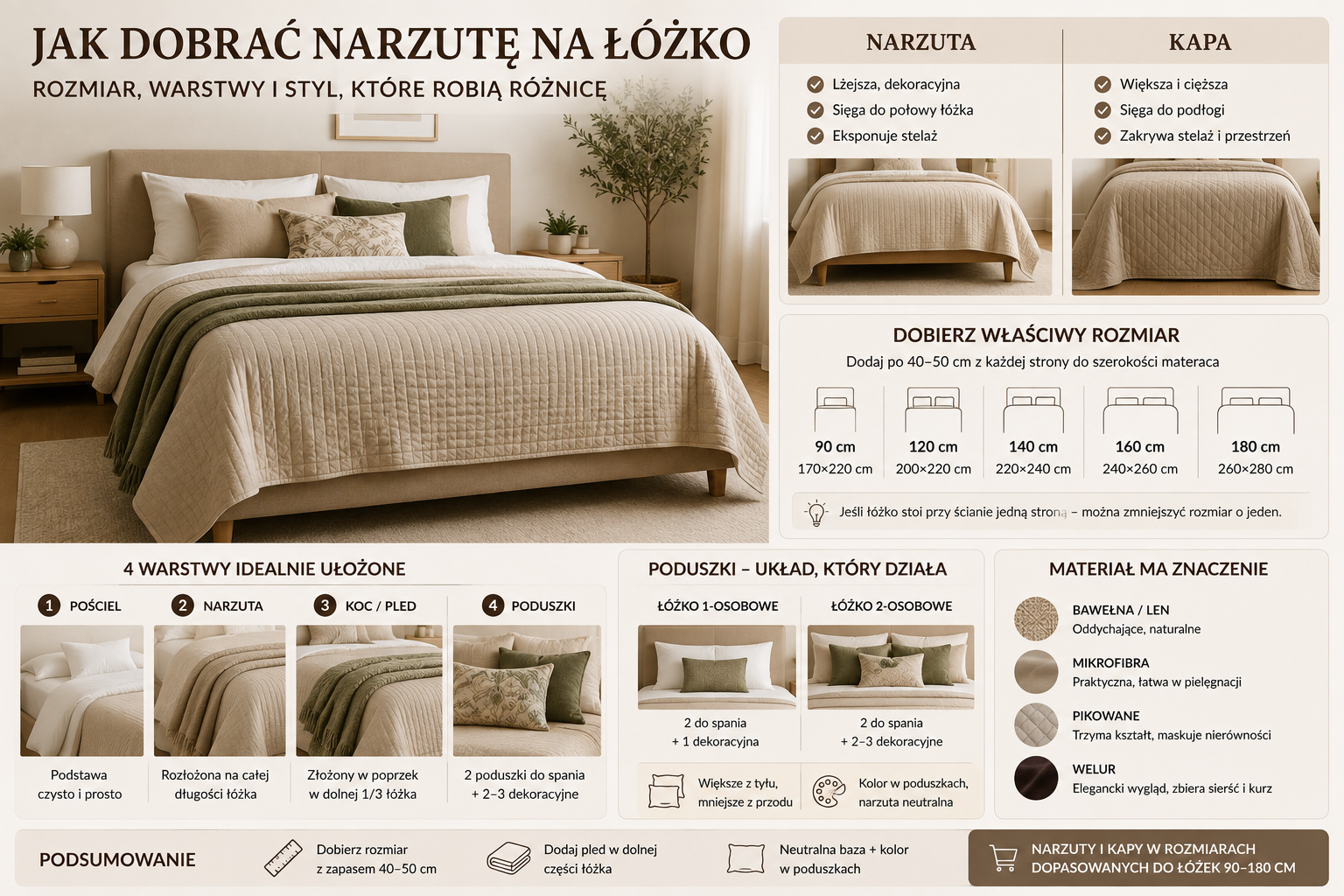 Zasłane łóżko z beżową narzutą i złożonym pledem