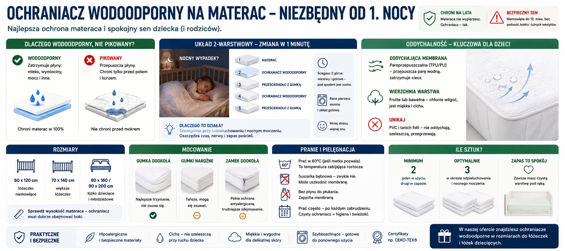 Biały ochraniacz założony na materac w łóżeczku dziecięcym