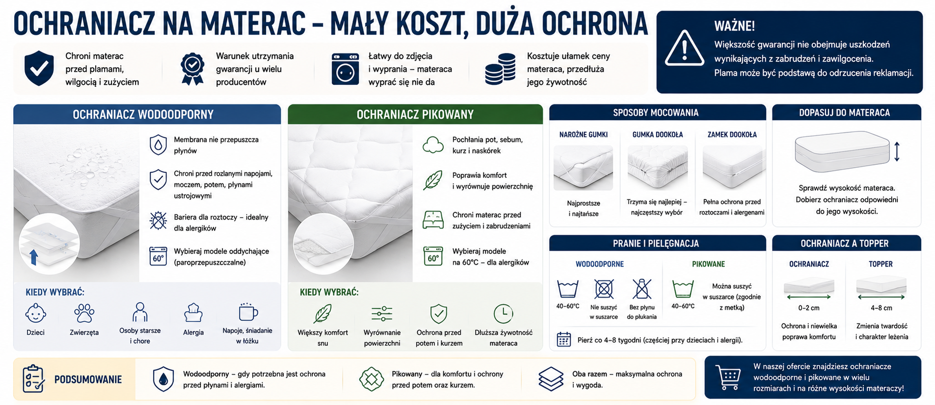 Biały ochraniacz założony na materac w sypialni