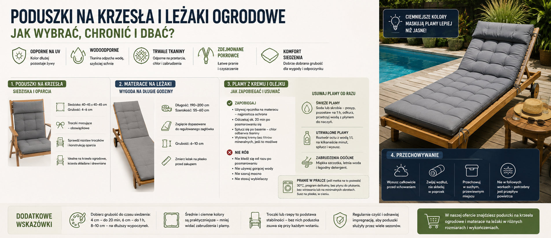 Leżak ogrodowy z szarym materacem przy basenie