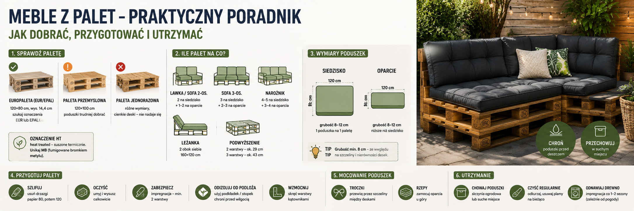ofa z palet z szarymi poduszkami na tarasie