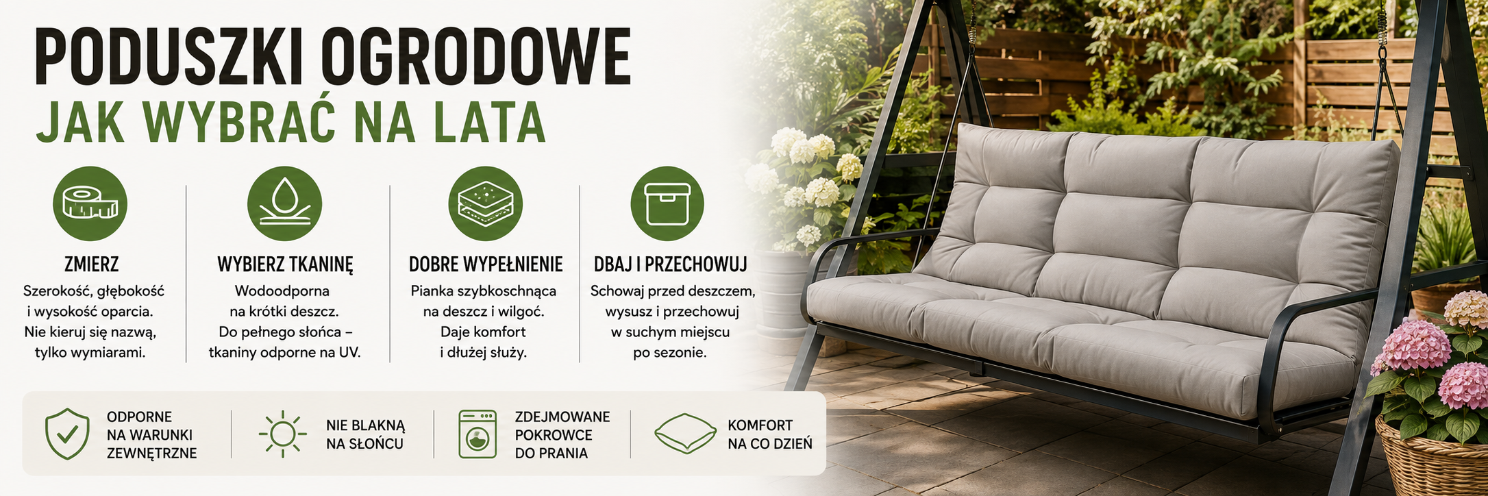 Huśtawka ogrodowa z beżowym kompletem poduszek z oparciem