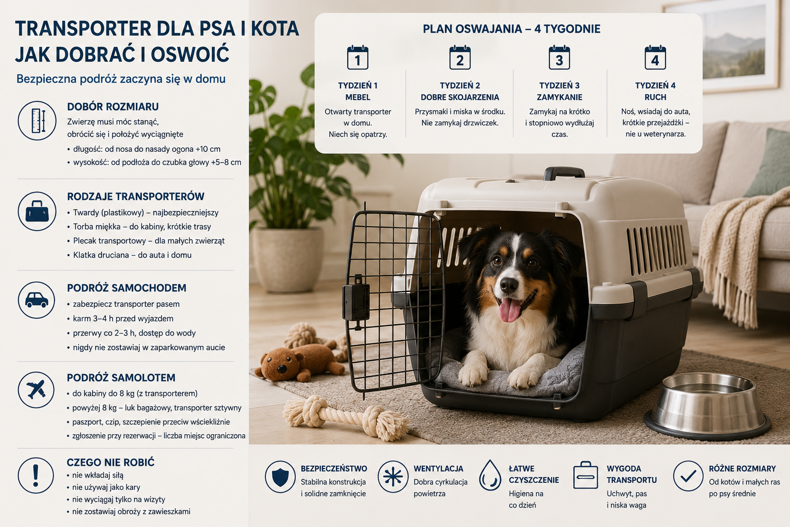 Pies leżący spokojnie w otwartym transporterze